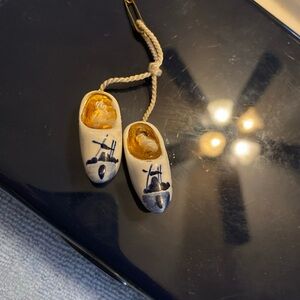 Hand-Painted Delft-Style White & Blue Clog Brooch Pair